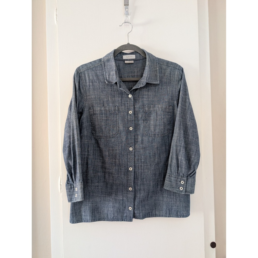 Womens Chambray 3/4 Sleeve Button Down Shirt L Van Heusen Preppy Workwear Casual